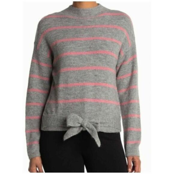 Wayf Grey Pink Stripe Tie Front Waist Mock Neck Pullover Sweater MEDIUM NEW - Picture 1 of 2